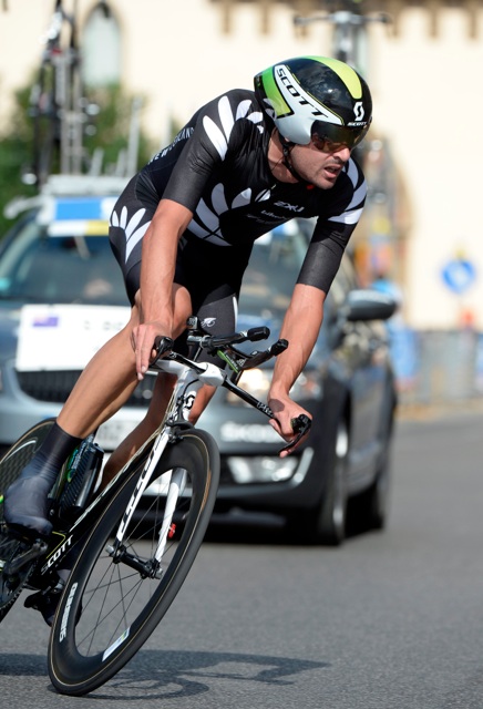 Sam Bewley in action in today's time trial at the UCI World Road Cycling Championships in Italy today.
